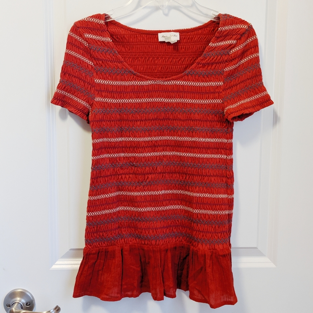 Anthropologie Meadow Rue Smocked Blouse Red XS